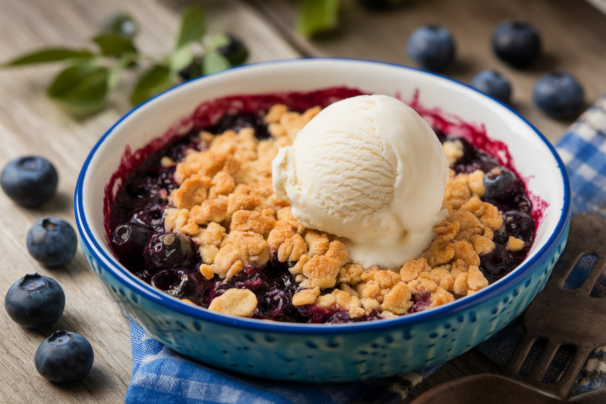 A warm Keto Blueberry Crumble topped with ice cream, surrounded by fresh blueberries on a rustic table.